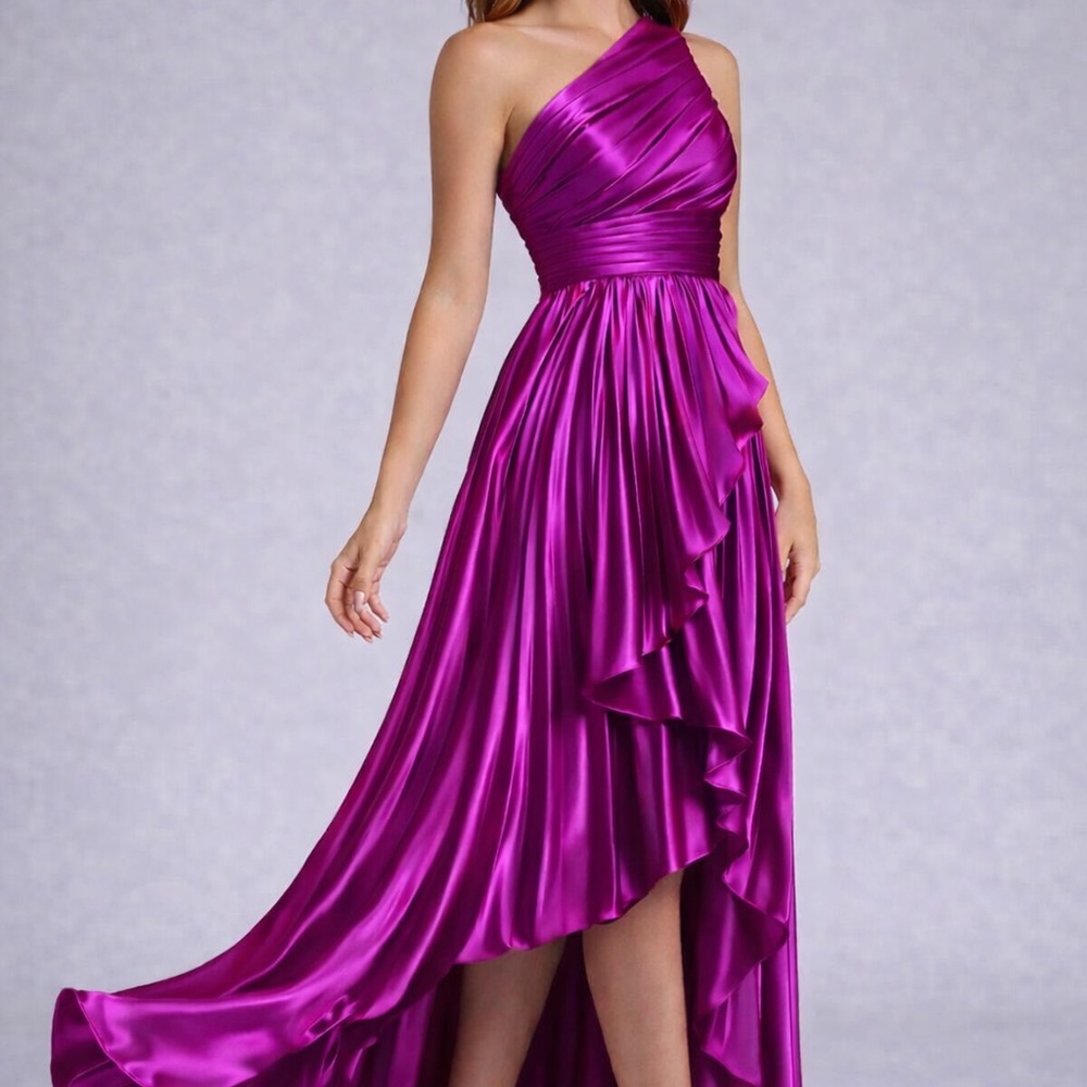 One-Shoulder Fuchsia Ruffled High-Low Evening Gown - Picture 5 of 5
